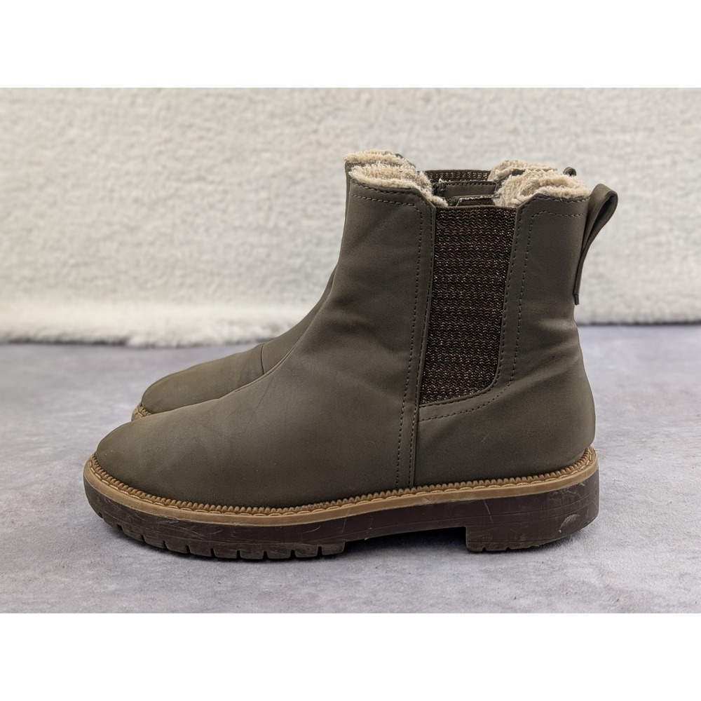 TOMS Kids Olive Green Faux Fur Lined Chelsea Boots Side Zip Size 3 EU 35‎